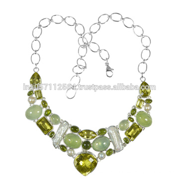 Prehnite Lemon Quartz Idocrase Perla De Piedra Y Plata De Ley Collar De Joyas